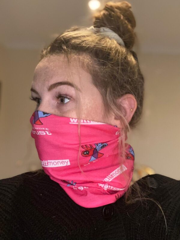 Pink snood face covering branded with Molly Watt Trust alternative view.